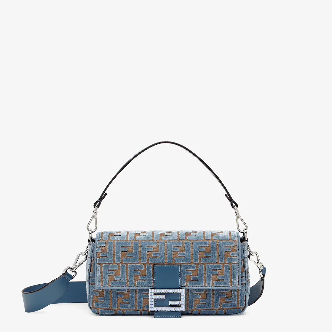 Baguette Light blue FF jacquard velvet bag